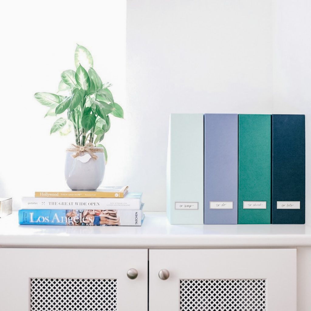 Image Description: Four magazine holders in varying shades of blue site next to an artful stack of books and potted plant.