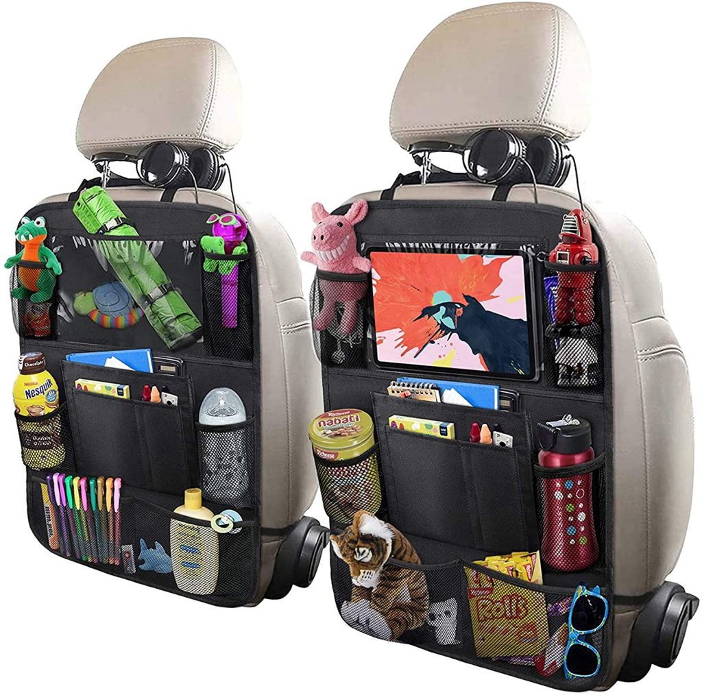 Image Description: Two black seatback organizers, filled with toys and supplies, against a white background