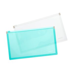 Image Description: A clear and teal zippered folio folder against a white background