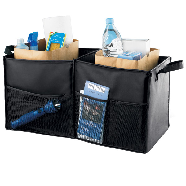 Image Description: A black trunk organizer filled with grocery bags against a white background