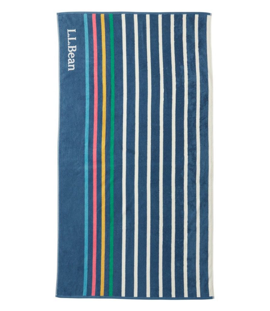 Image Description: A blue and striped beach towel against a white background