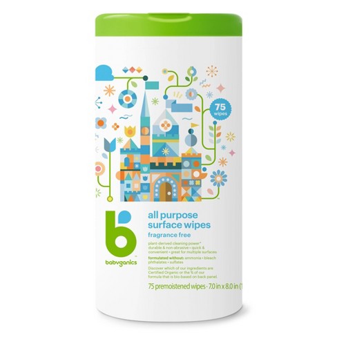 Image Description: A canister of Babyganics wipes against a white background